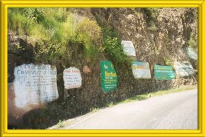 Advertisements painted on rocks on the way to Marigot Bay